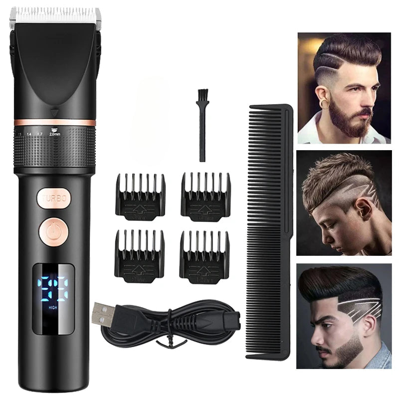 Men's Electric Hair Clipper Rechargeable Hair Cutter Stainless Steel Trimmer Head Men Hair Cutting Barber Machine LCD Display