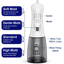 Load image into Gallery viewer, Portable Oral Irrigator Water Flosser Rechargeable 8 Modes Dental Water Jet for Teeth 400ML Tank Waterproof 5 Tips Teeth Cleaner