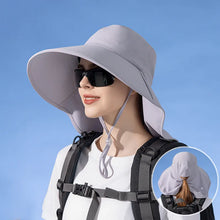 Load image into Gallery viewer, Women's Ponytail Hats Long Wide Brim Fisherman Caps Summer UV Neck Protection Sun Bucket Hats Female Outdoor Beach Cap