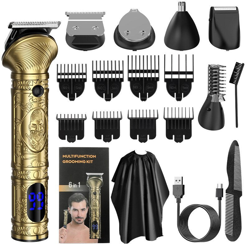 Hair Trimmer 6 In 1 Grooming Kit Hair Clipper Nose Trimmer Shaver Body Trimmer Professional Rechargeable Metal Vintage