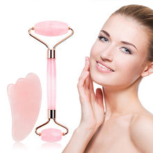 Load image into Gallery viewer, Rose Quartz Roller Slimming Face Massager Lifting Natural Jade Facial Tension Roller Stone Skin Massage Beauty Care Set Box