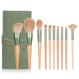 10pcs Nature Wood Handle Makeup Brushes Set With Green Pineapple Bag Small Fan Powder Blush Foundation Eye Shadow