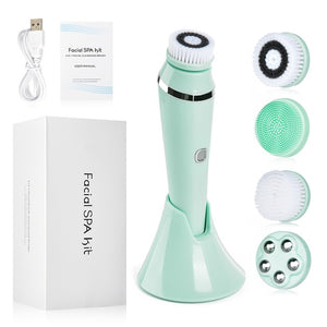 4 in 1 Facial Cleansing Brush Rechargeable Electric Waterproof Spin Sonic Exfoliating Face Scrubber Brush Kit Skin Care