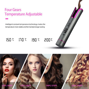 Automatic Hair Curler Ceramic Cordless Curling Iron Rechargeable Hair Waver Tongs Auto Rotating LED Display Portable Curling (Gray)