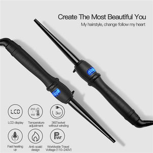 Black Cone Curling Wand Hair Iron Curler (9-19mm) 110-240V Dual Voltage Hair Styling Tool LCD Display Curling Iron