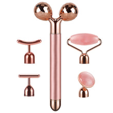 Load image into Gallery viewer, 5-in-1 24K Gold Beauty Bar Face Massager Electric Vibrating Rose Quartz 3D Roller Face Lifting Body Facial Gua Sha Jade Roller
