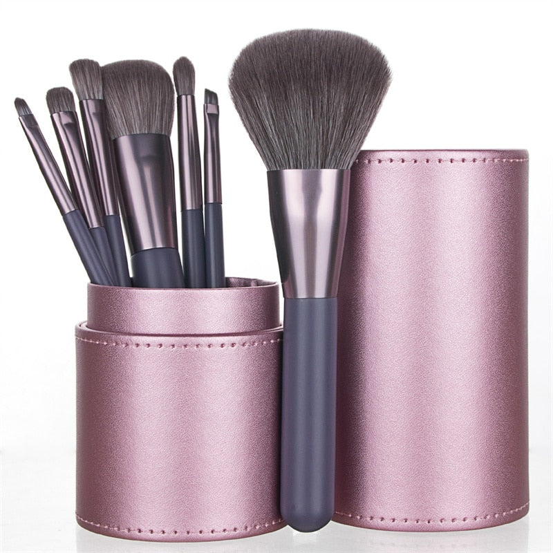 7PC Makeup Brush Set With Case Organizer Pink Blush Eyeshadow Concealer Lip Cosmetics Make up For Powder Foundation Beauty Tools