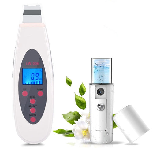 Ultrasonic Skin Scrubber Deep Face Cleaning Machine Remove Dirt Blackhead Peeling Lifting Massager + Nano Facial Steamer Sprayer
