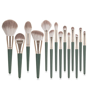 14pcs Green Cloud Makeup Brushes Cosmetics Tools Set Wooden Handle Foundation Eyeshadow Smudge Beauty Fan Highlight