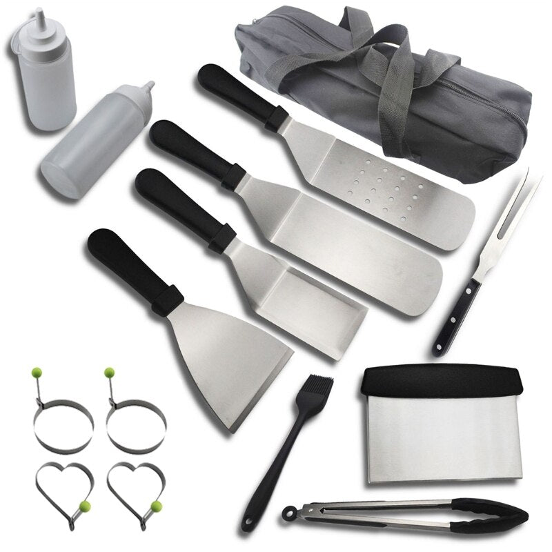 Portable Barbecue Tool Set with Storage Bags Complete Grill Utensils Kit Metal Spatulas Scraper Egg Rings for Friends