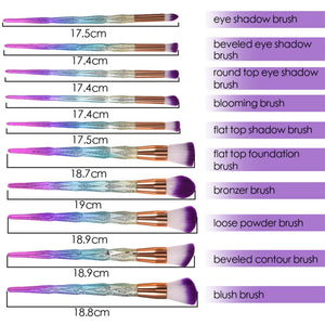 New 10pcs Diamond 3d Handle Makeup Brushes Gradient Colorful Foundation Eyeshadow Contour Blush Powder Kit Full Set