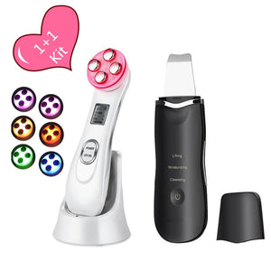 Ultrasonic Face Cleaning Machine Skin Scrubber Pore Cleaner + LED Photon Rejuvenation RF Beauty Device Whitening Firming Lifting