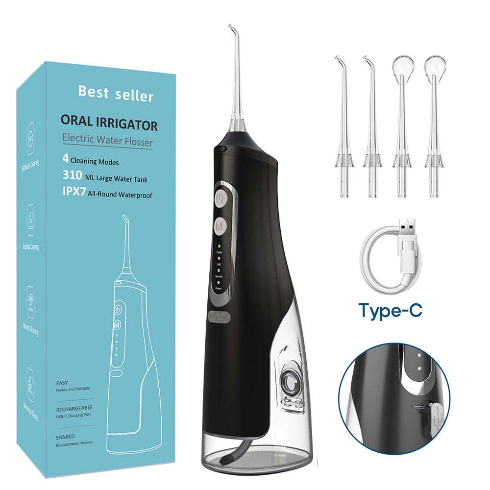 310ml Oral Irrigator Dental Portable Water Flosser USB Rechargeable 4 Modes IPX7 Water Jet Floss Pick for Cleaning Teeth 4Nozzle