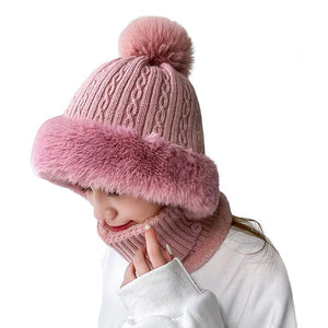 Knitted Hat Pompom Plush Ears Protection Solid Color Autumn Winter Women Face Cover Neck Gaiter Warmer Beanie Cap for Ski