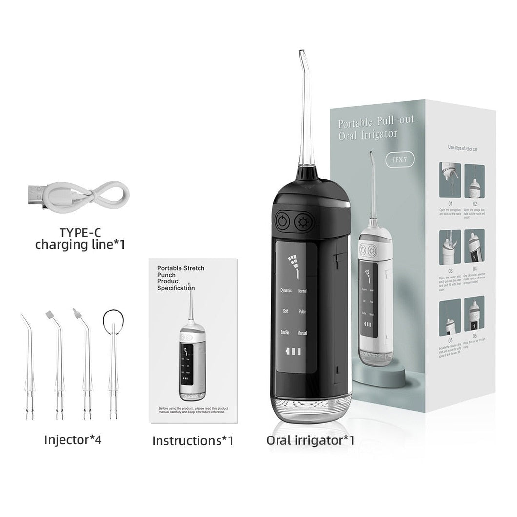 Newest Stretch Oral Irrigator Intelligent Portable Dental Water Jet Flosser Rechargeable for Teeth Cleaning IPX7 180ml Tank 4Tip