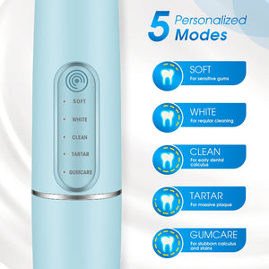 5 Mode Portable Household Electric Sonic Toothbrush Dental Scaler Calculus Tartar Stain Remover Teeth Whitening kit Tooth Whitener USB Charging Base IPX7 Waterproof with Replacement Heads for Adults