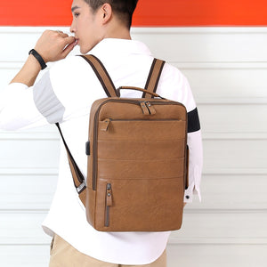 Business Backpacks For Men Waterproof PU Leather Laptop Bag Large Capacity USB Charging Rucksack Male Fashion Bagpack